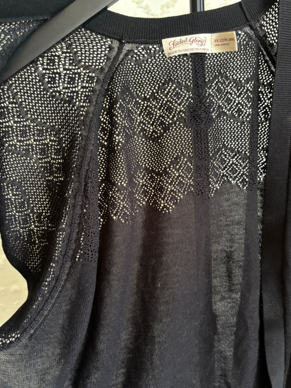 Y2K Plus Size Black Open Knit Cardigan 3X Lightweight Sheer Crochet Boho Layer - Picture 3 of 5